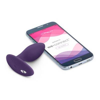 We-Vibe Ditto Vibrating Anal Plug - Purple Unboxed View with Phone for App