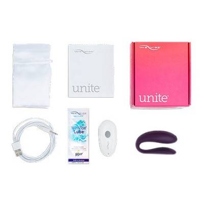 We-Vibe Unite Couples Vibrator - Purple Unboxed View with Charger and Charging Station