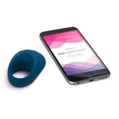 We-Vibe Pivot Vibrating Penis Ring - Blue Side View with Phone for App